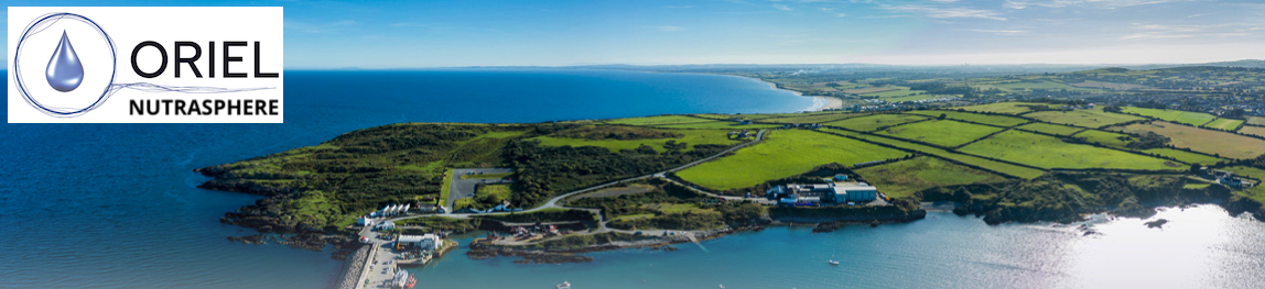 Aerial view of the Irish coastline with the Oriel Nutrasphere logo